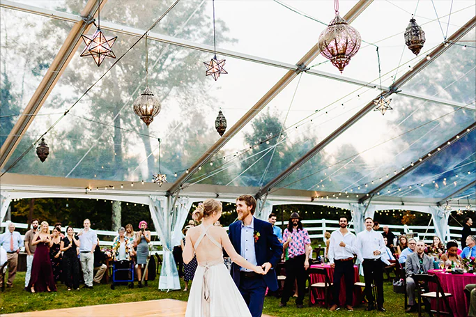 Bridal couple first dance under clear tent