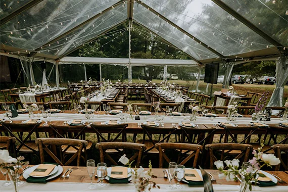 Maine wedding venue with tables and displays set up