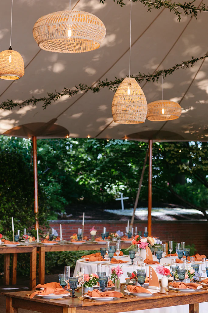 Wedding light rentals with tables and chairs